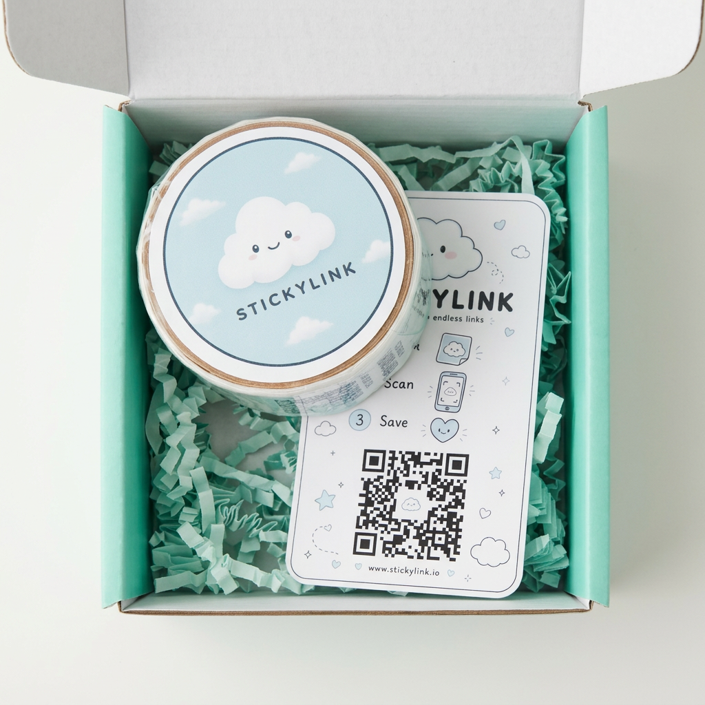 Stickylink basic box opened, sticker roll and welcome card inside